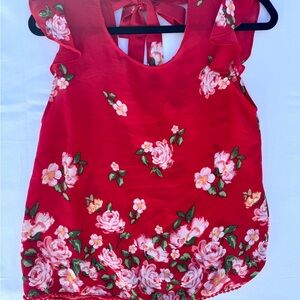 Twine and String Red Floral Sleeveless Blouse Ruffle Shoulders Tie Back Small